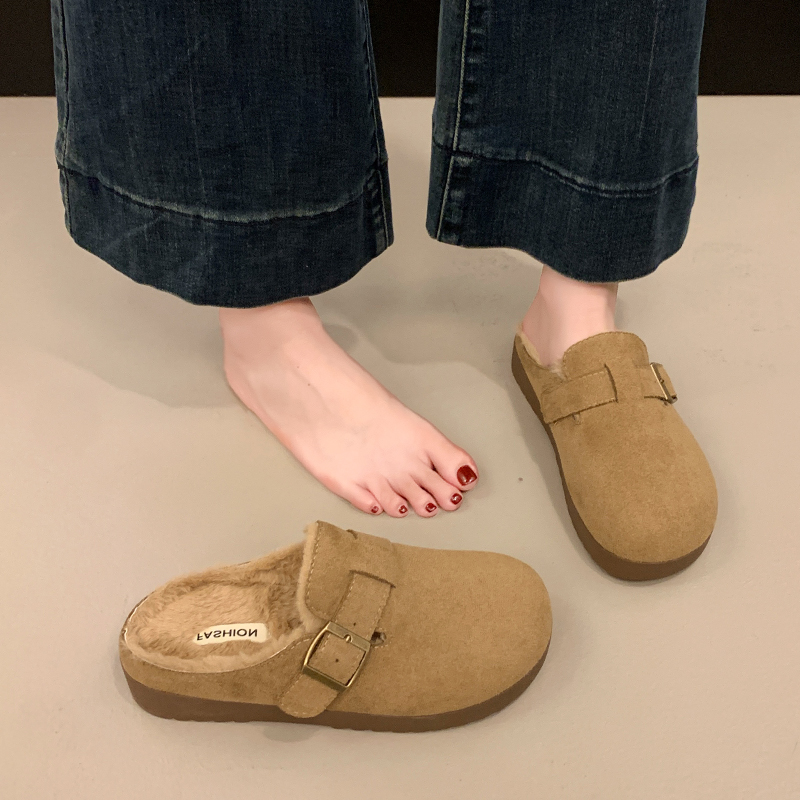 女款秋冬勃肯拖鞋厚底毛毛半拖鞋外穿2025新款爆款一脚蹬加绒棉拖