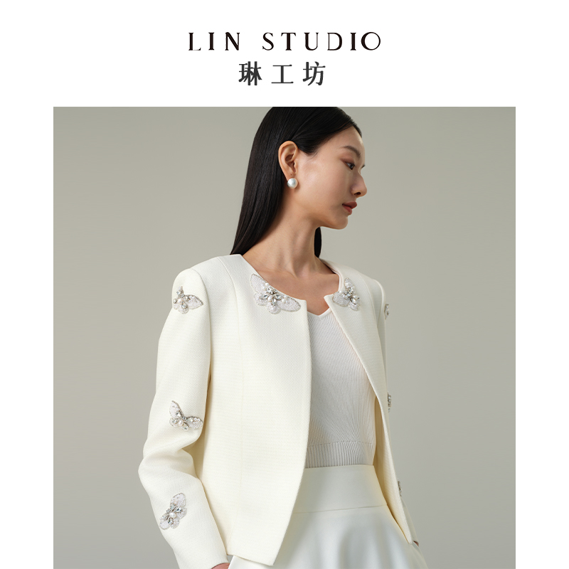【高定手工钉珠工艺】琳工坊云蝶白色外套优雅气质唐琳设计师