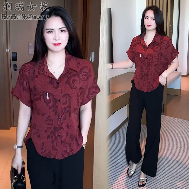 2025洋气减龄时尚套装女夏季新款妈妈装宽松短袖衬衫阔腿裤两件套