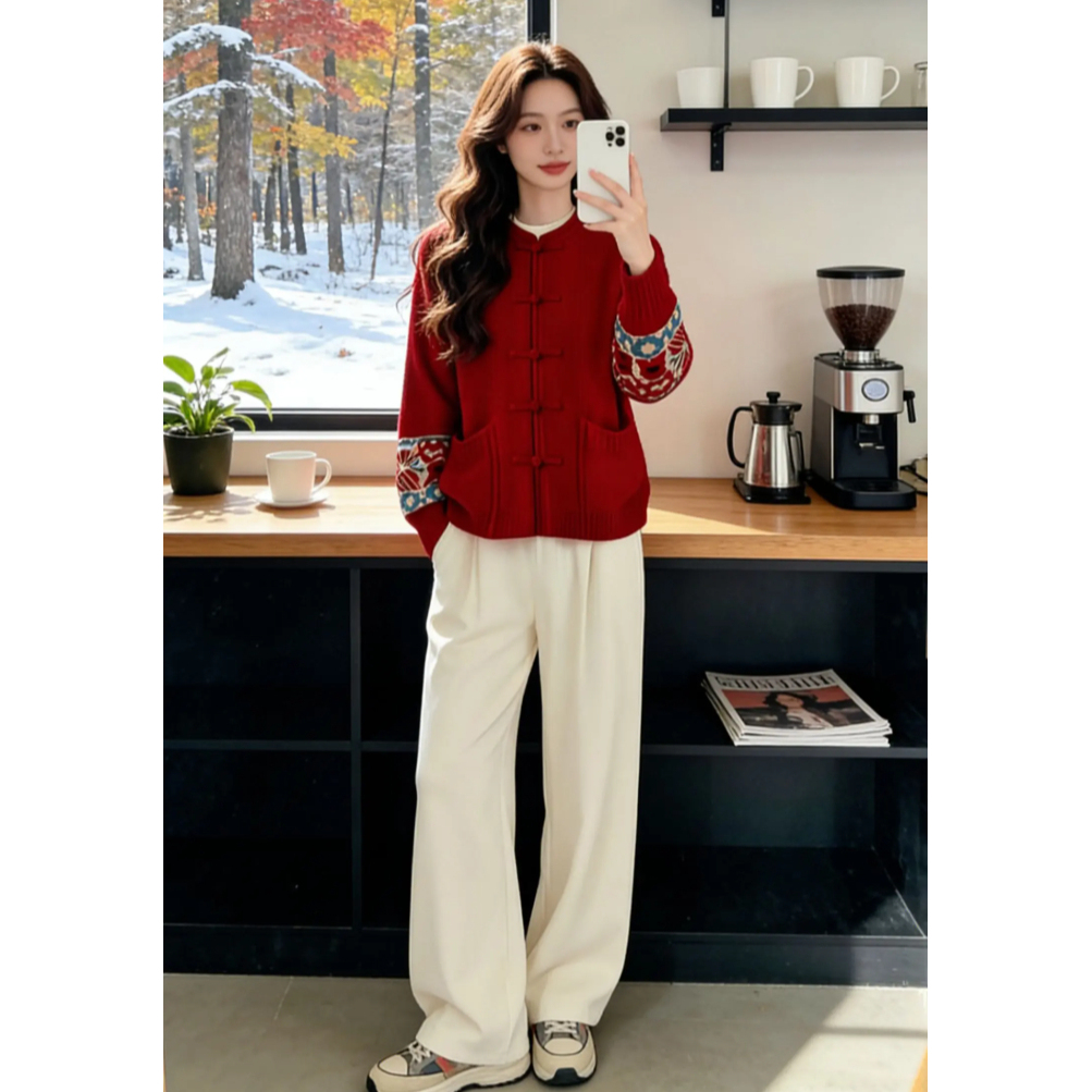 霖优【莓果絮语】复古中国风红色新年战袍立领加厚毛衣女秋冬针织衫