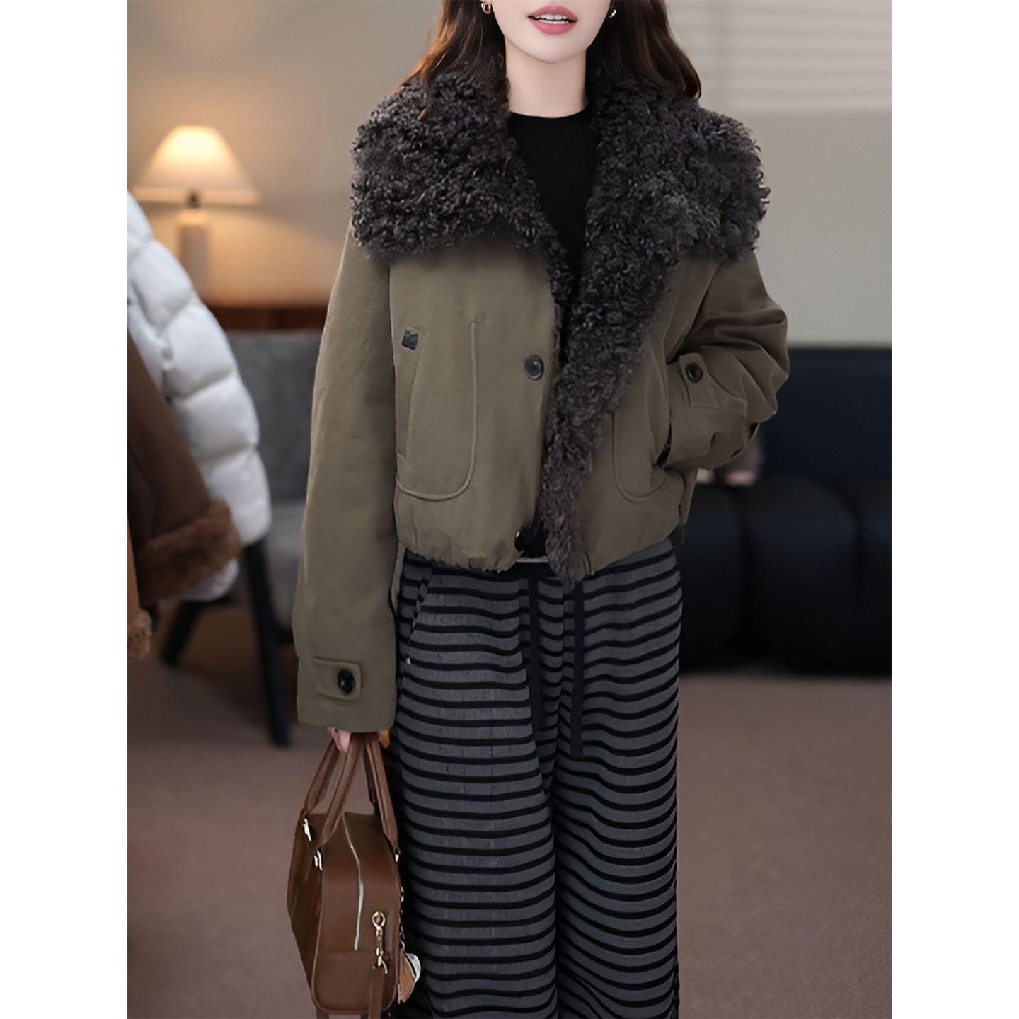 工装复古大翻领毛毛拼接外套女冬季新款宽松加厚保暖棉服夹克上衣