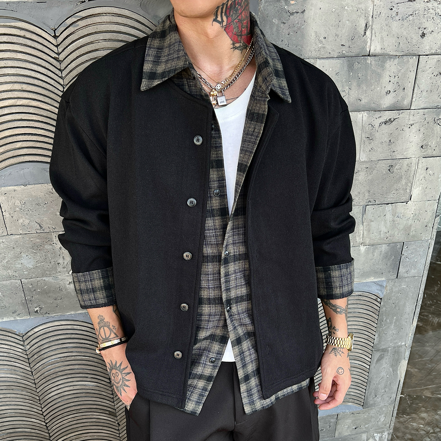 OXFREAK「磨毛格子內襟」老钱风假两件开衫毛衣男宽松针织衫秋冬