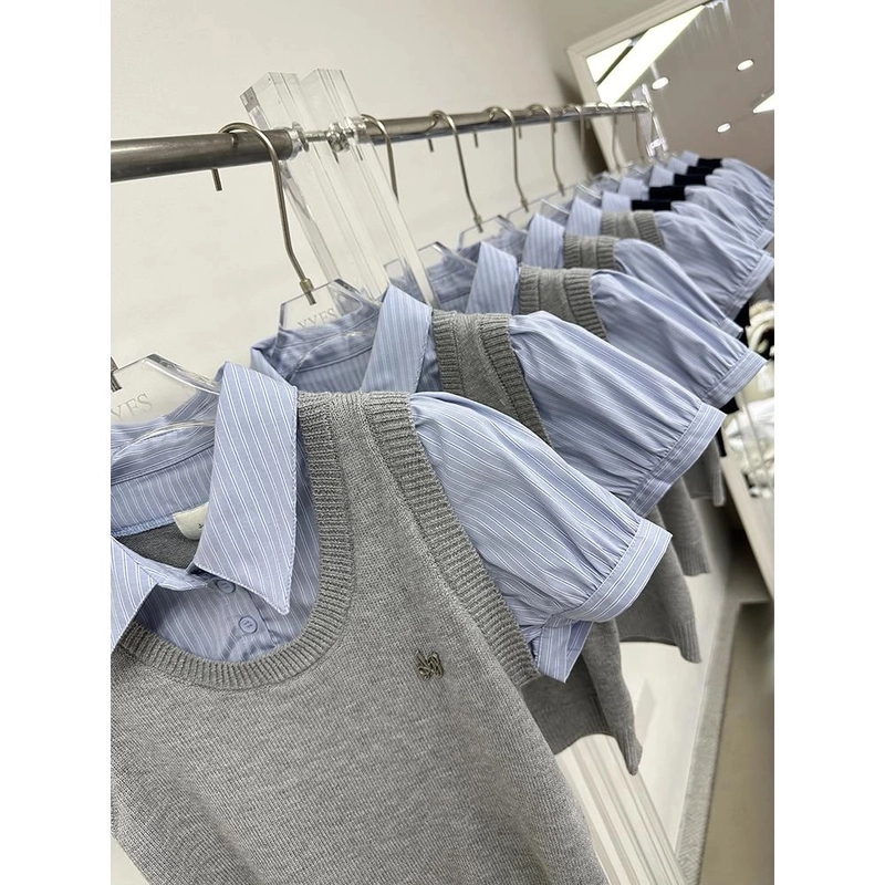 2025新款小众设计学院风高腰短款假两件拼接短袖衬衫女上衣百搭