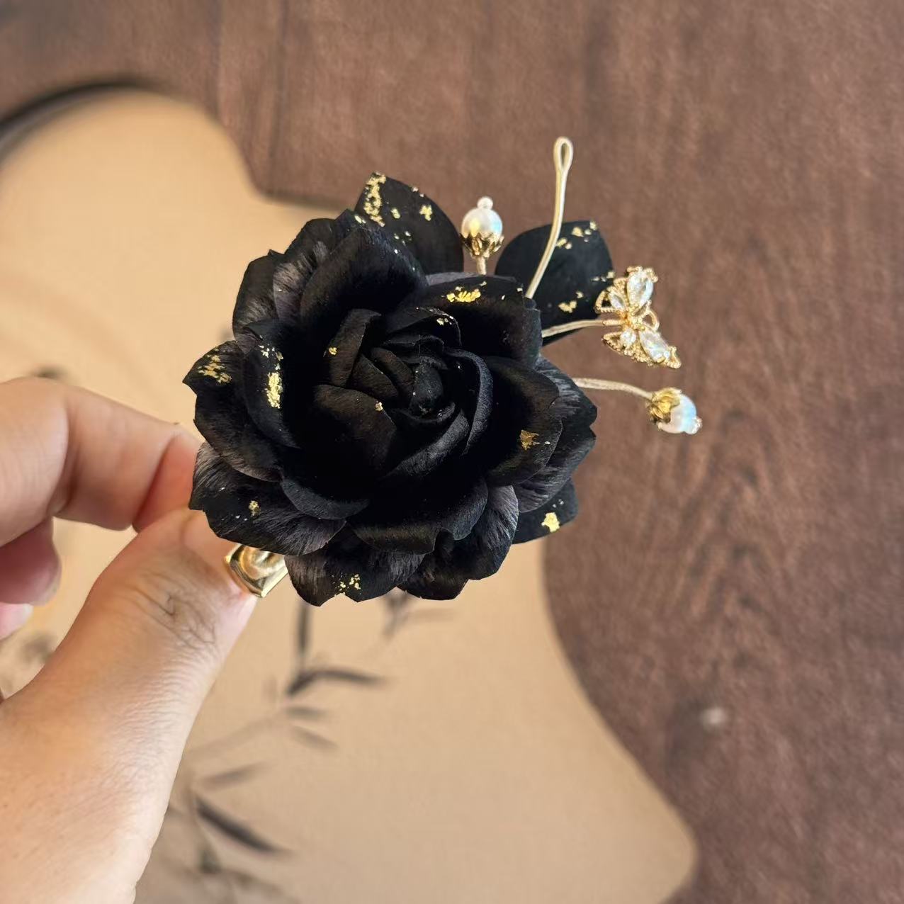 黑金玫瑰 非遗绒花 新中式 中国风 发饰 定制发饰
