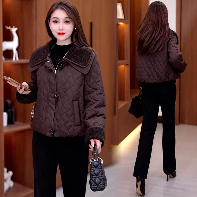 小香风短款棉服女2025秋冬新款洋气宽松双层领拼接夹克棉衣外套潮