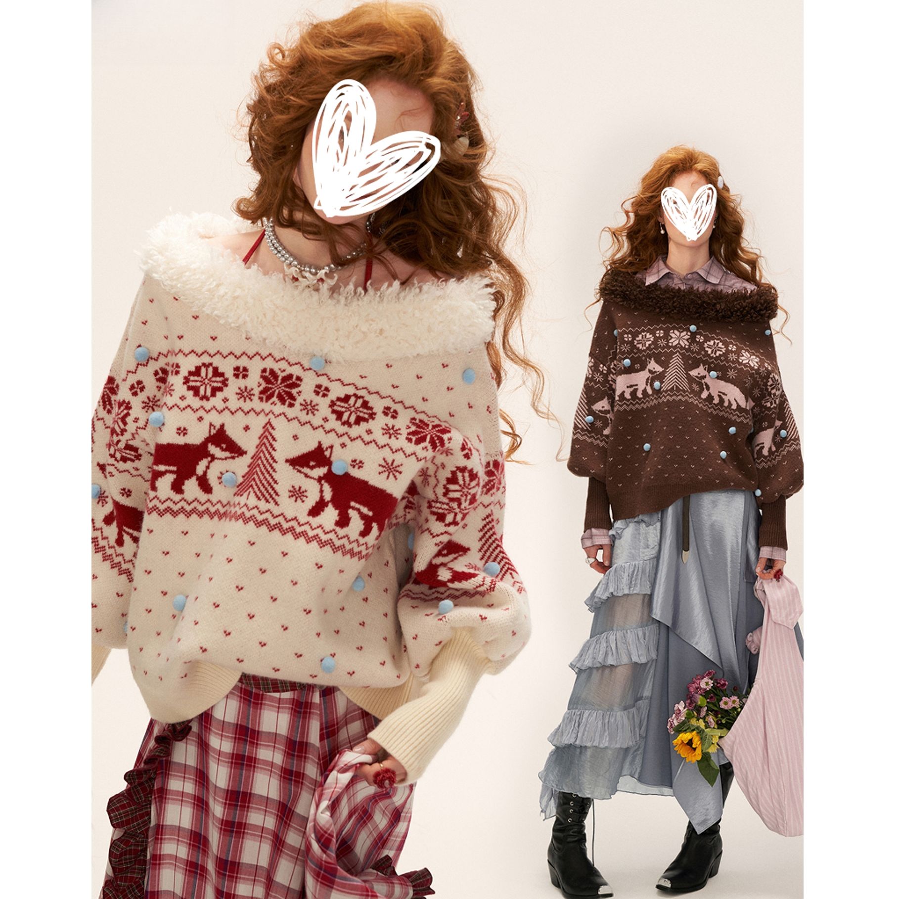 费尔岛大v领毛衣针织衫女2025新款秋冬宽松慵懒风设计感长袖外套