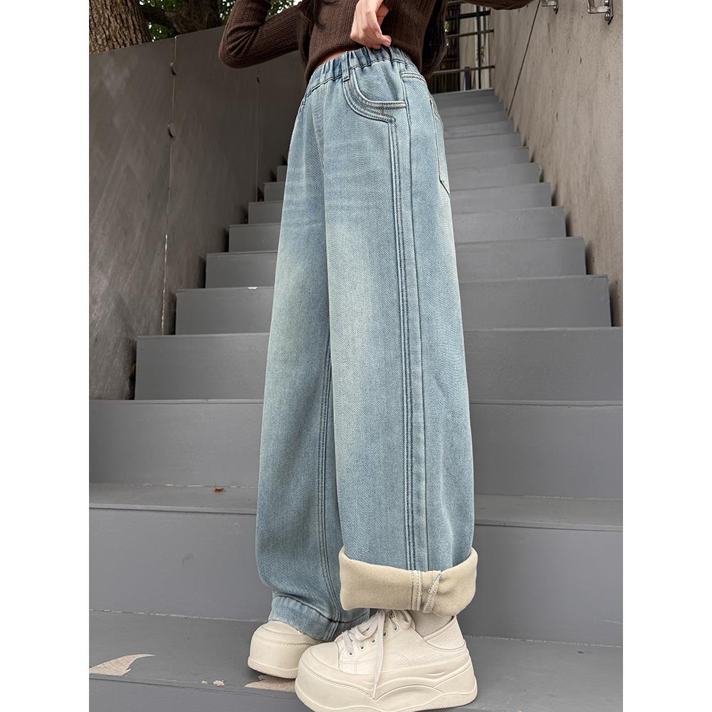 安阳童装女童加绒牛仔裤秋冬款儿童一体绒直筒冬季大童阔腿裤12岁