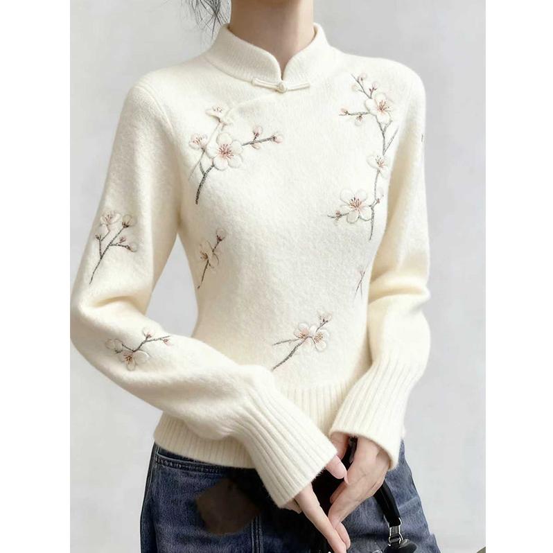 2025国风潮流新中式梅花印花盘扣立领毛衣女白色国风保暖针织衫女