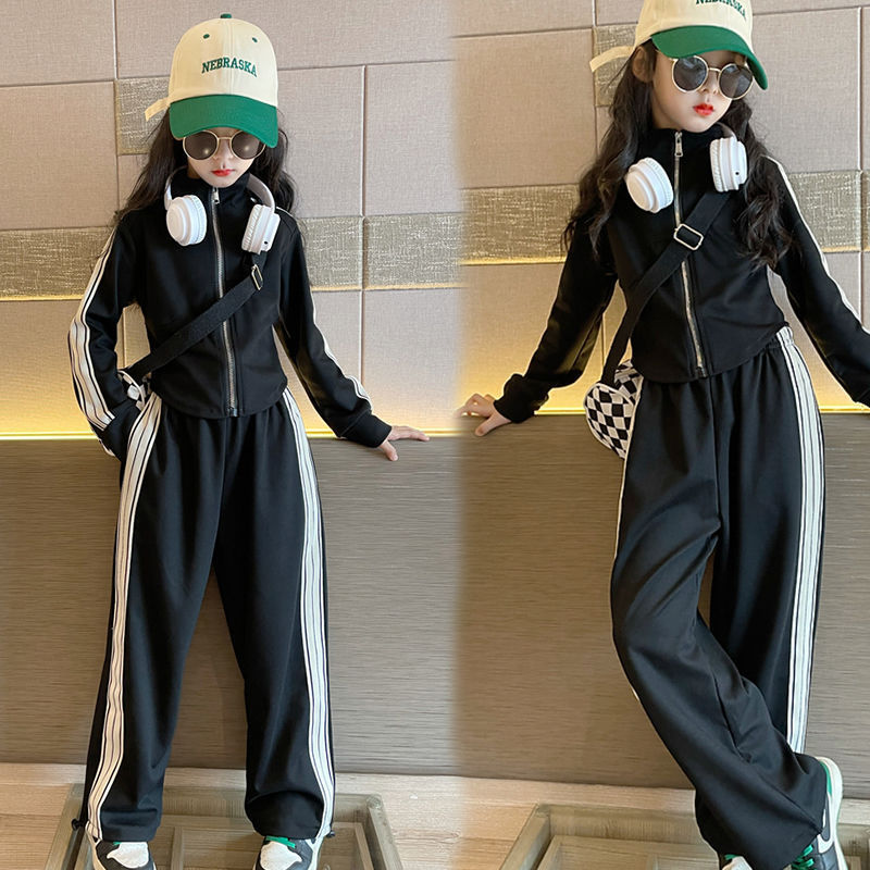 童装女童秋装套装网红衣服洋气2024新款春秋儿童运动服黑色时髦