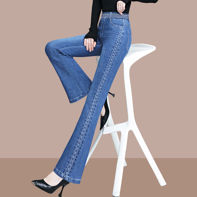 松紧高腰微喇叭牛仔裤女士2026年新款春秋季显瘦复古喇叭裤长裤子
