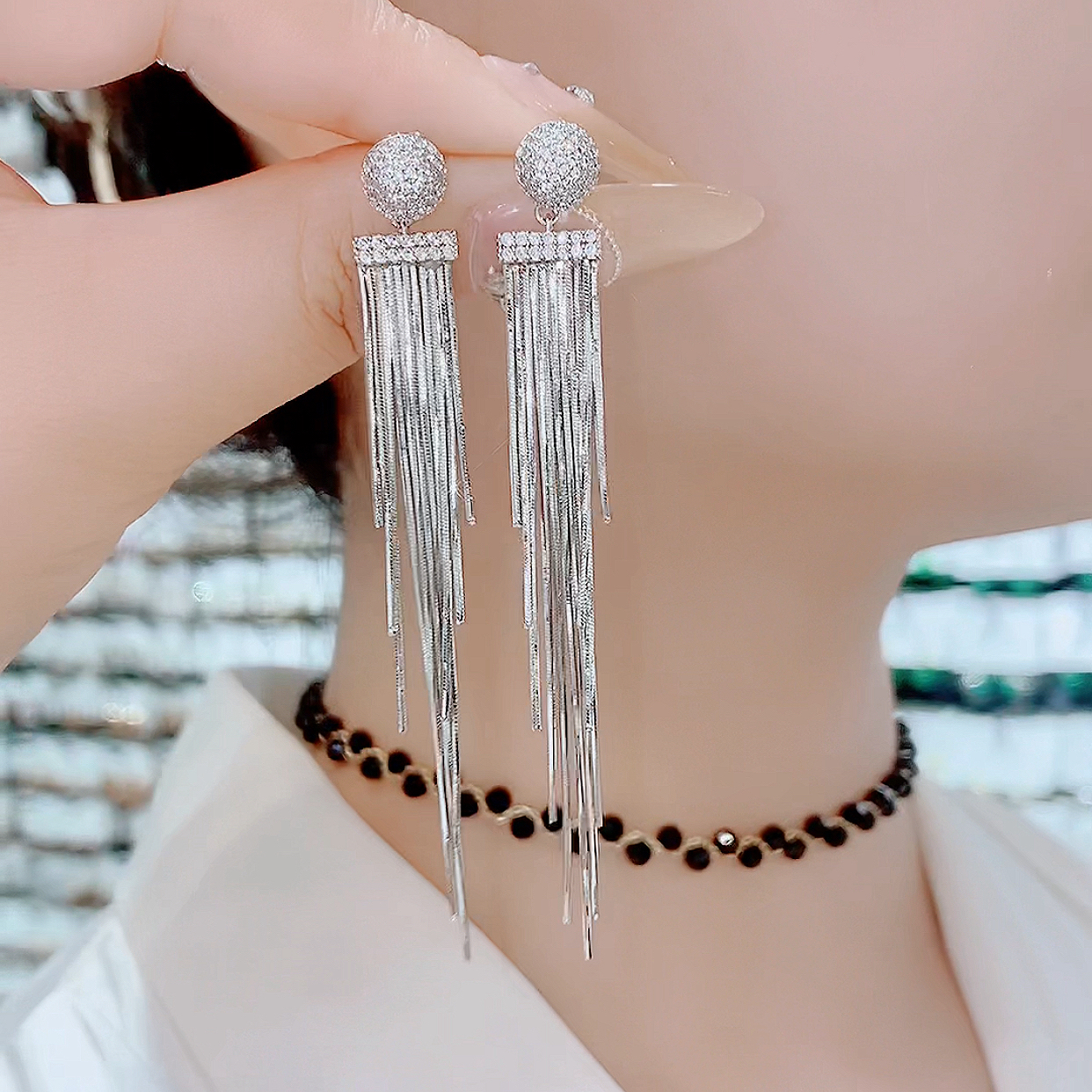 铜合金合成锆石耳饰 332-精美S925银针长款灵动气质新品耳环轻奢