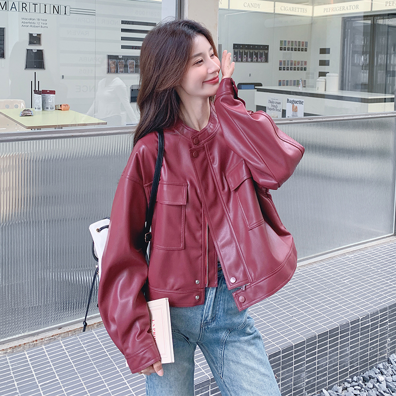 港风复古红色皮衣外套女春秋新款高级感炸街时尚小个子机车服夹克