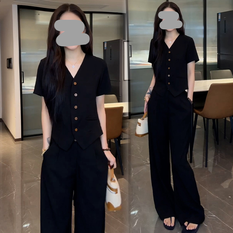 休闲气质百搭套装女2025年夏季新款洋气显瘦v领上衣阔腿裤两件套