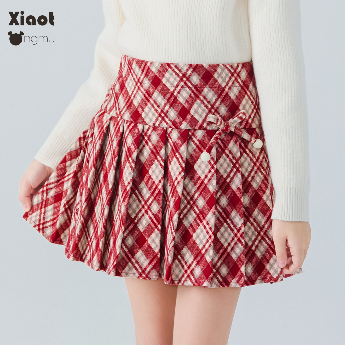 小童木 学院风格纹女童半身裙冬季新款圣诞节日女大童毛呢百褶裙