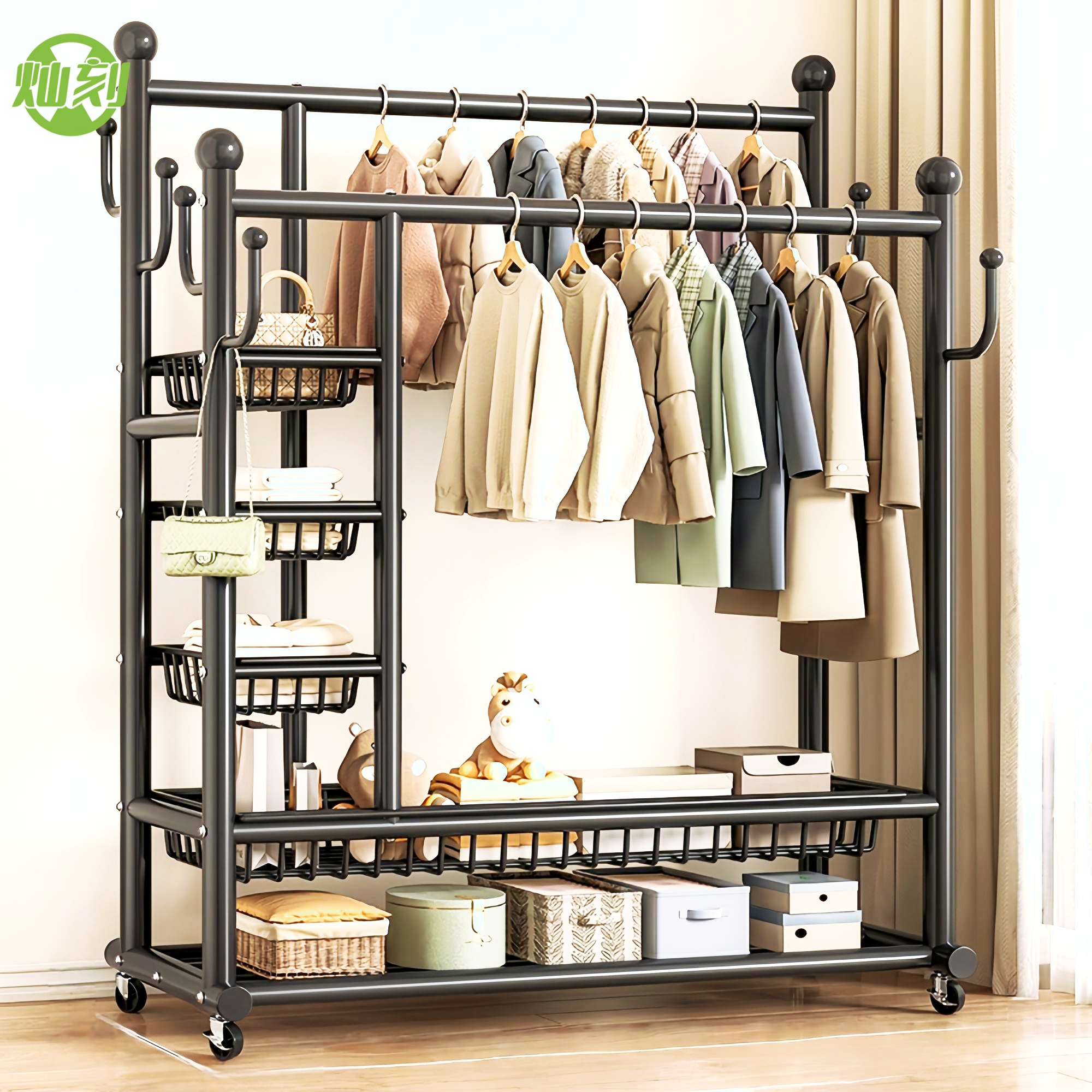 巨粗32管双杆晾衣架可移动衣帽架落地室内挂衣架子家用卧室收纳架