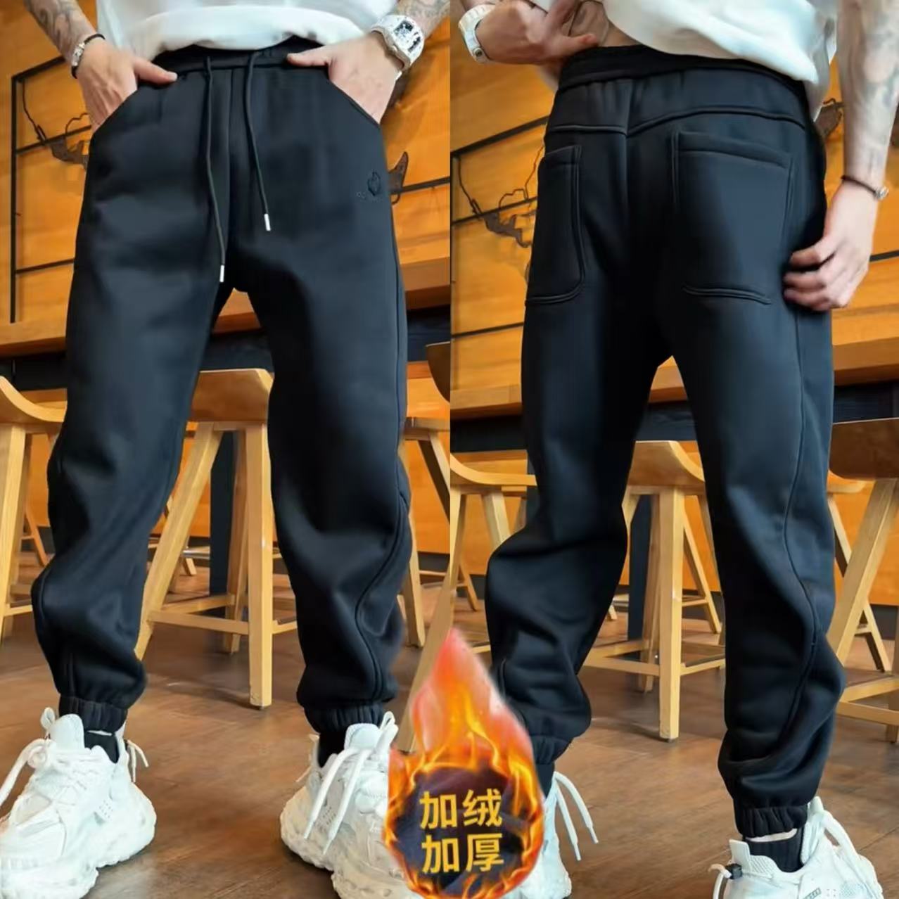 冬季新款刺绣加绒束脚休闲裤男潮流重磅保暖宽松舒适百搭运动卫裤