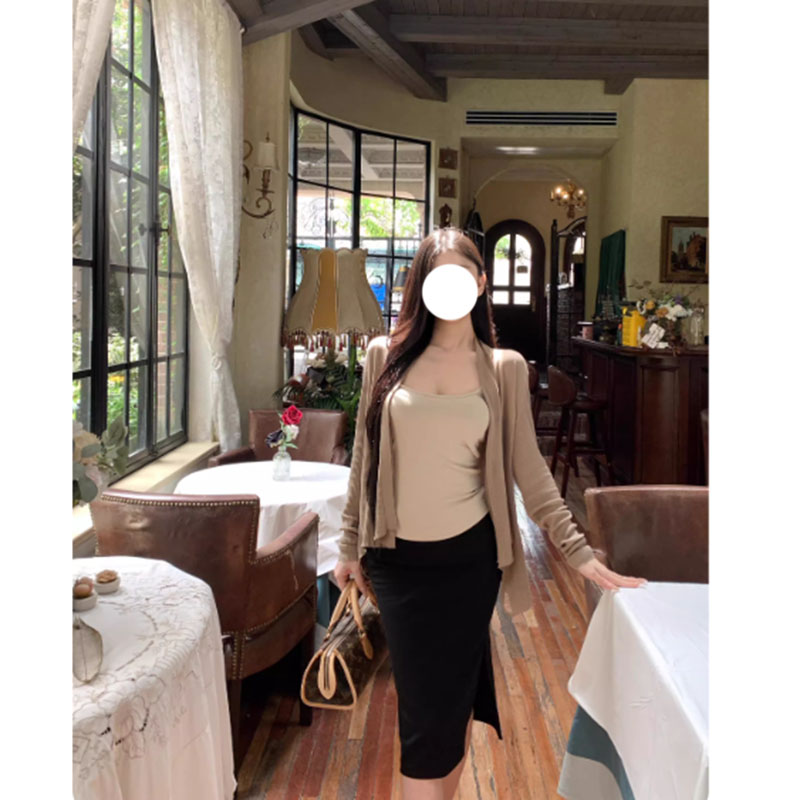 莱赛尔慵懒开衫低领修身背心高腰弹力开叉包臂裙三件套