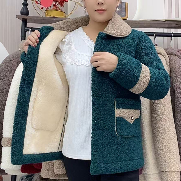 妈妈秋冬装颗粒绒外套新款中老年棉衣加绒加厚仿羊羔毛衣圆领外套