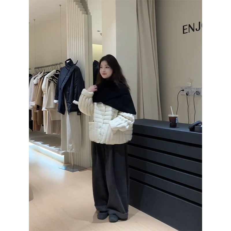parkyeon甜美风短款保暖棉袄外套黑色毛织披肩时尚卷边阔腿裤套装