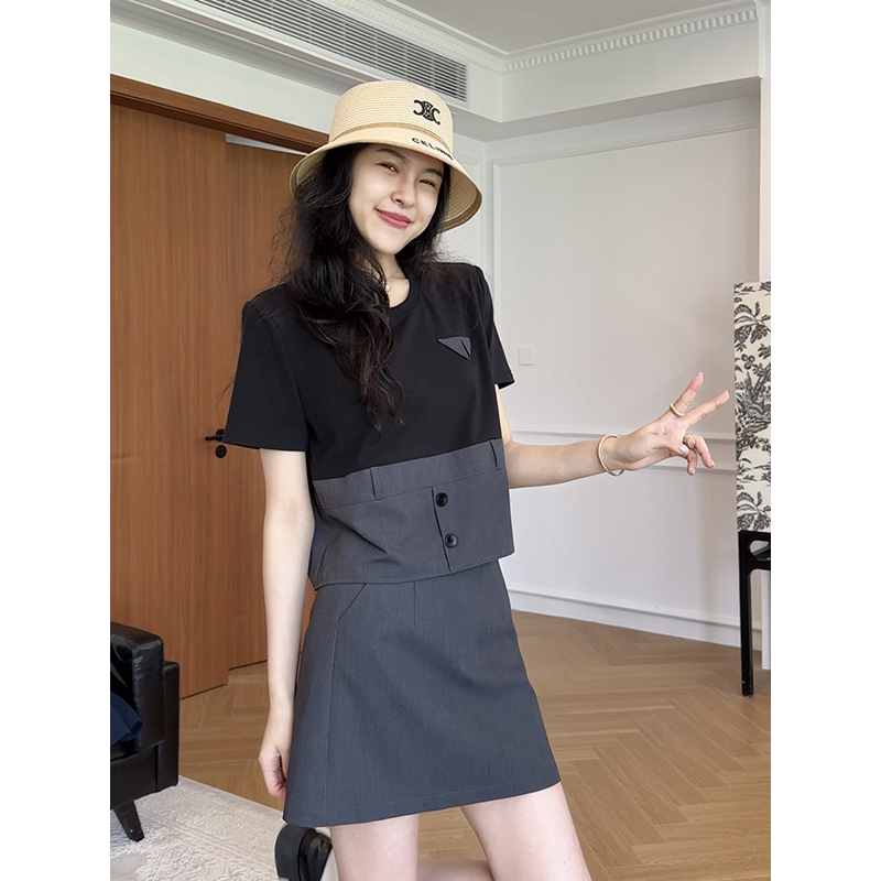 【现货】张阿星【通勤挂】假两件上衣+A版遮肉显瘦裙裤  W425A08134