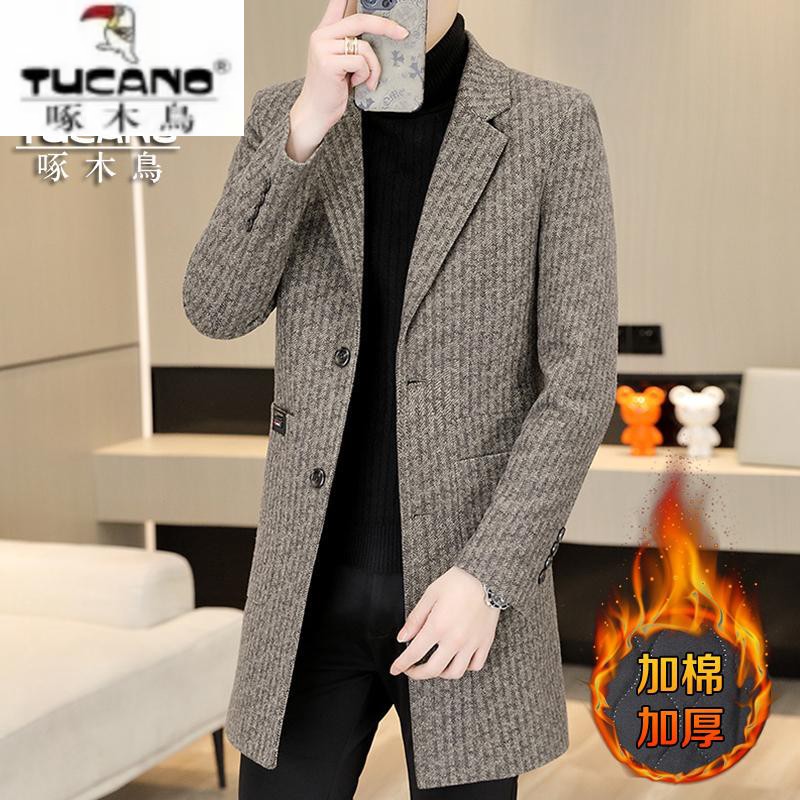 啄木鸟冬季新款加棉加厚毛呢大衣男装中长款舒适时尚百搭呢子外套