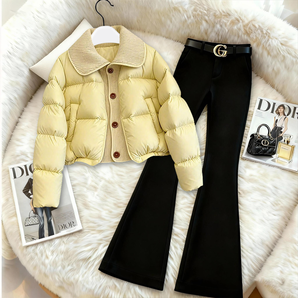 入冬漂亮女装时髦减龄时尚气质保暖棉服显瘦微喇裤一整套爆款穿搭