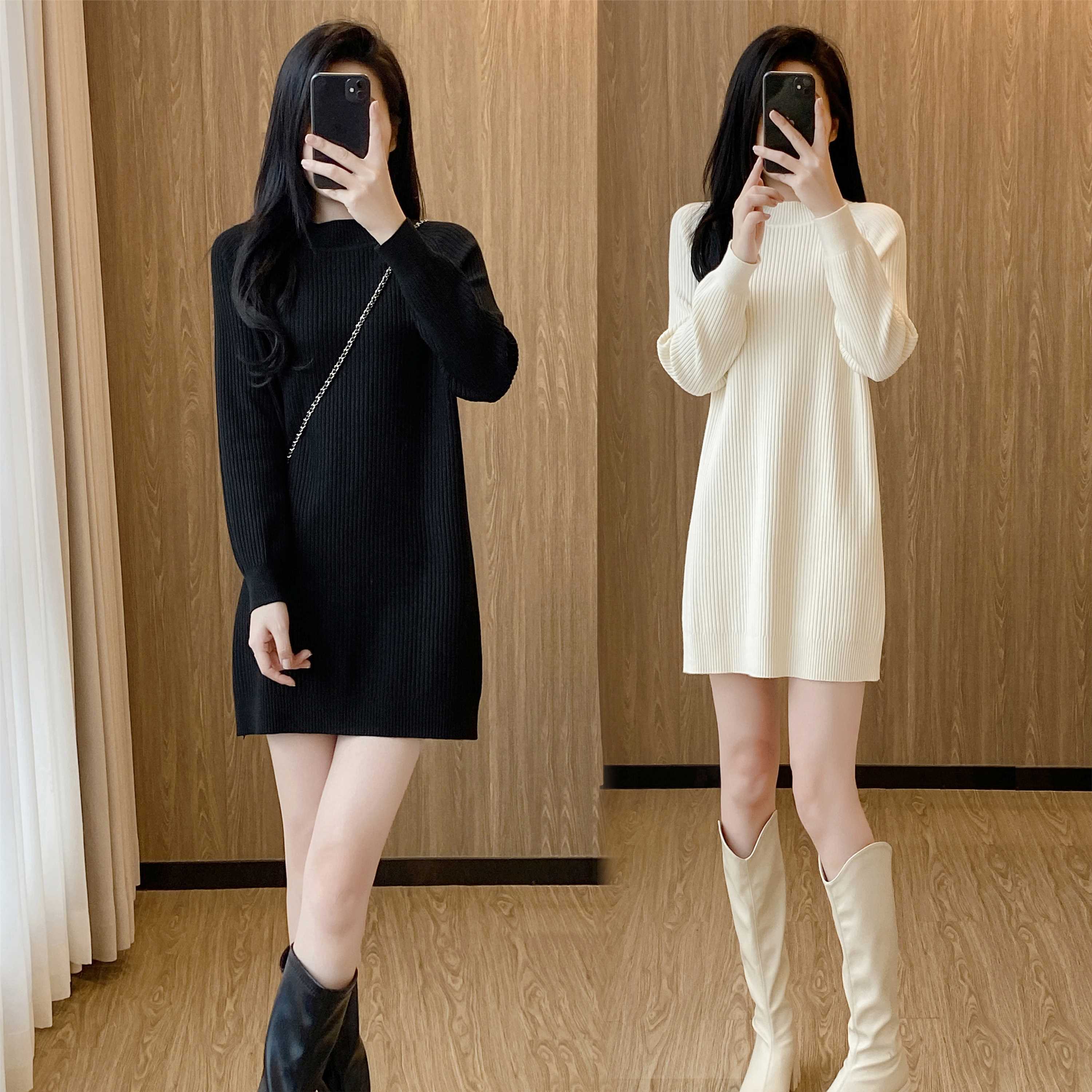 秋冬小个子配大衣短款毛衣连衣裙女宽松半高领黑色插肩打底针织裙