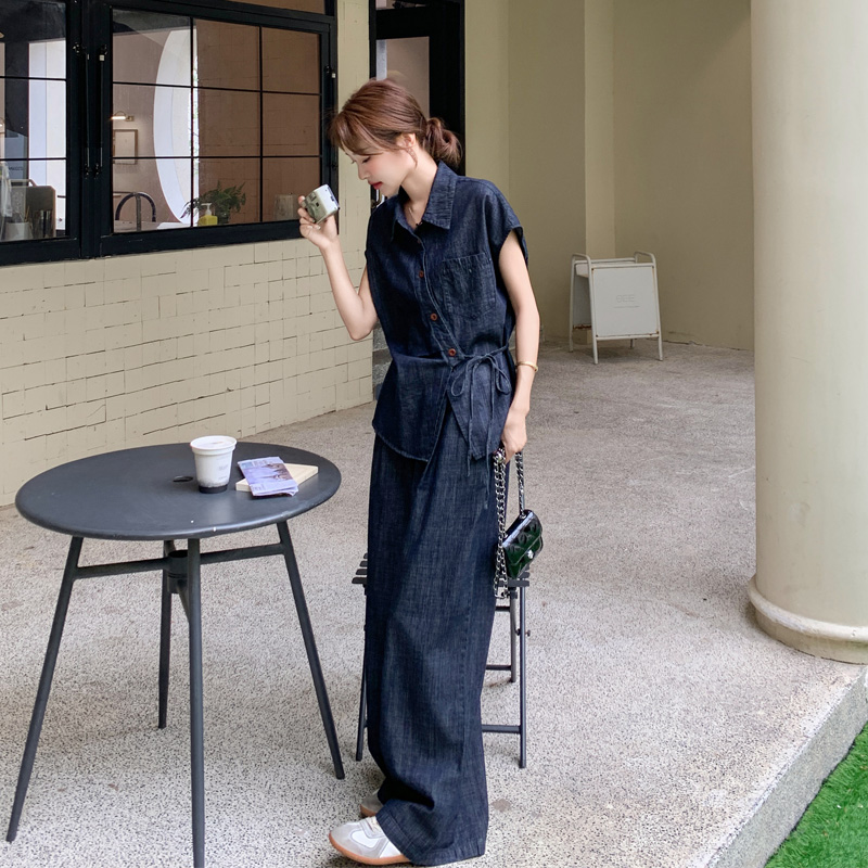 复古港风牛仔套装裤女2025夏季新款盐系炸街甜酷风显瘦气质两件套