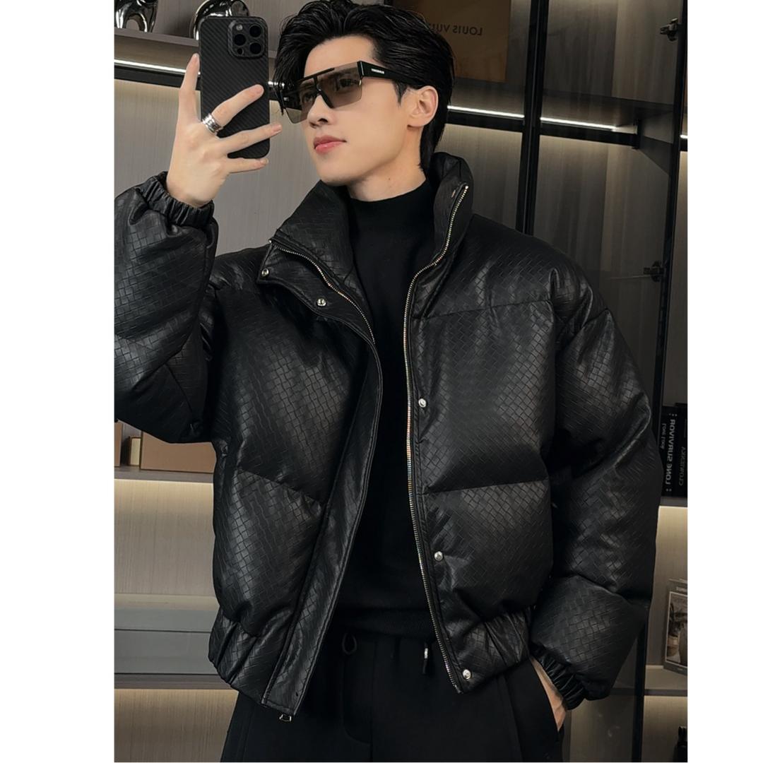 【百象服饰】冬季新品设计师款编织皮革立领高级感棉服休闲外套男