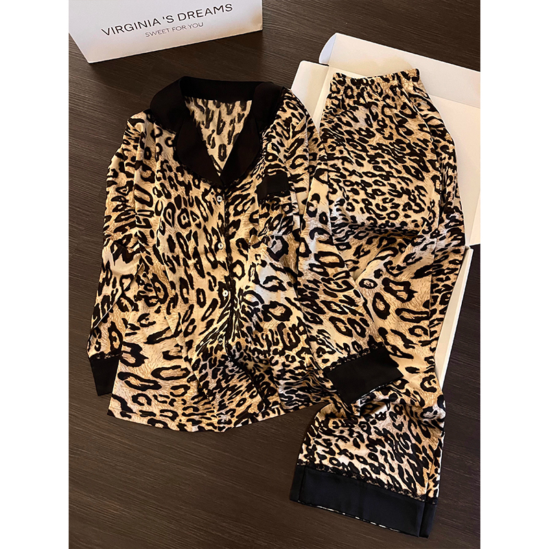 豹纹撞色长袖长裤韩版睡衣女春秋季慵懒风花边可外穿家居服设计感