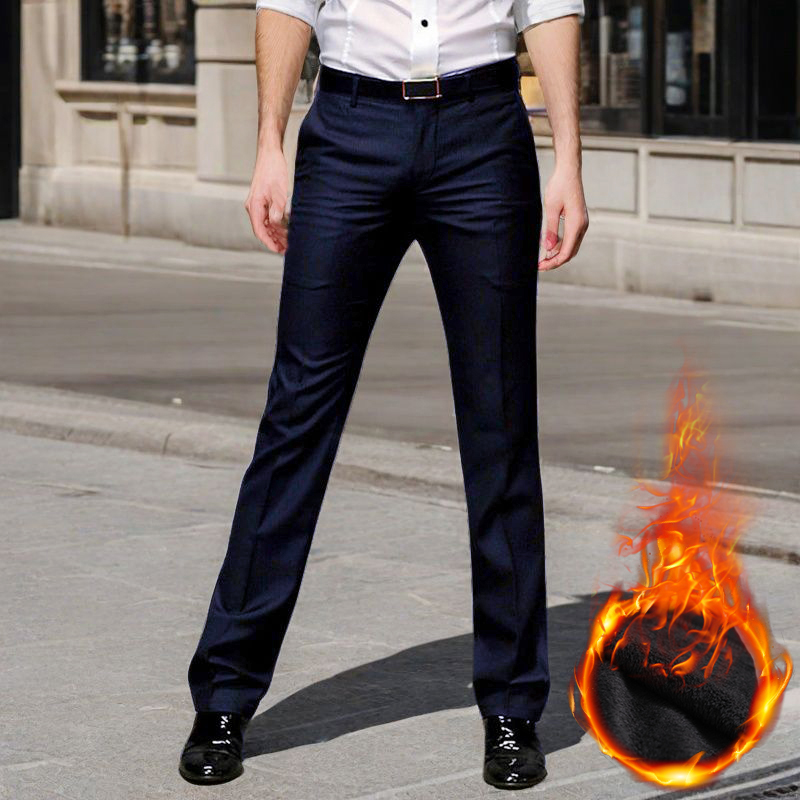 YUEMOYI时尚修身直筒西装裤男士加绒加厚休闲裤高档弹力韩版西裤