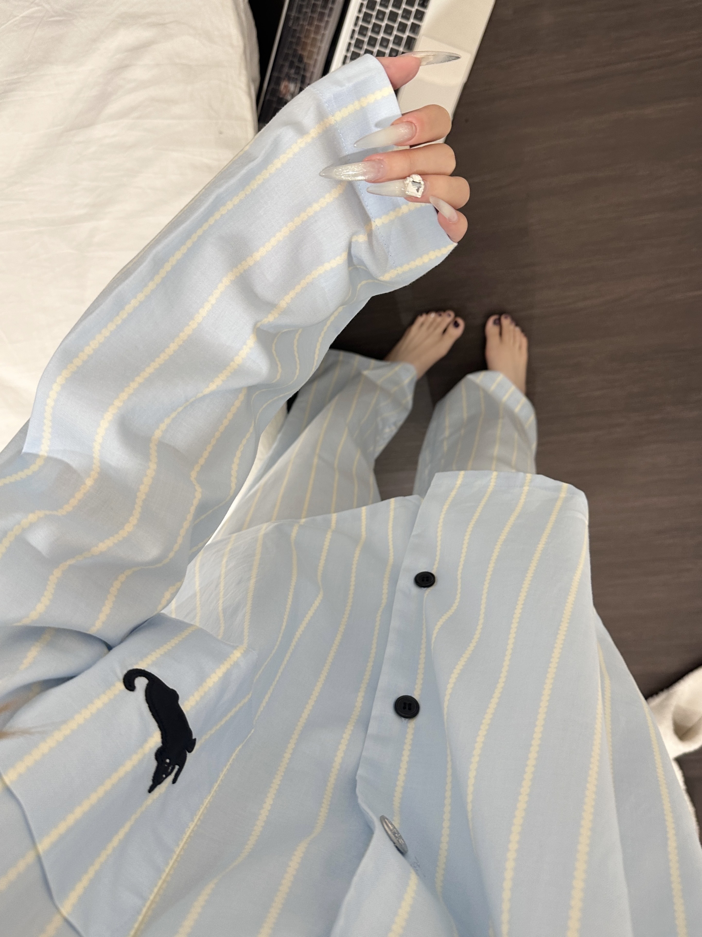 少女甜美简约休闲条纹睡衣女春秋新款ins风长袖长裤家居服可外穿