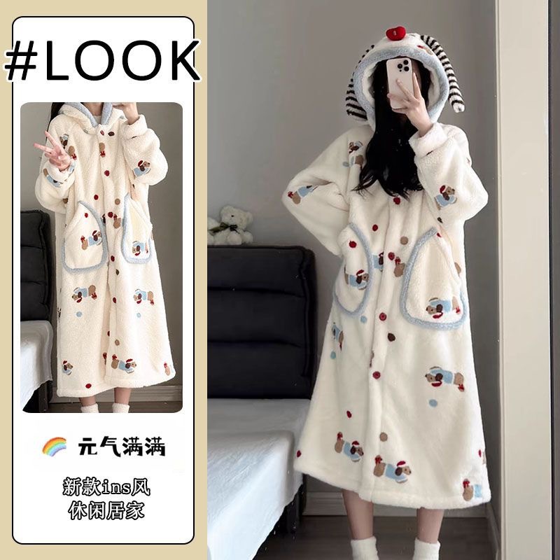 可爱腊肠狗珊瑚绒睡衣女冬季加绒加厚连帽冬天学生睡袍家居服外穿