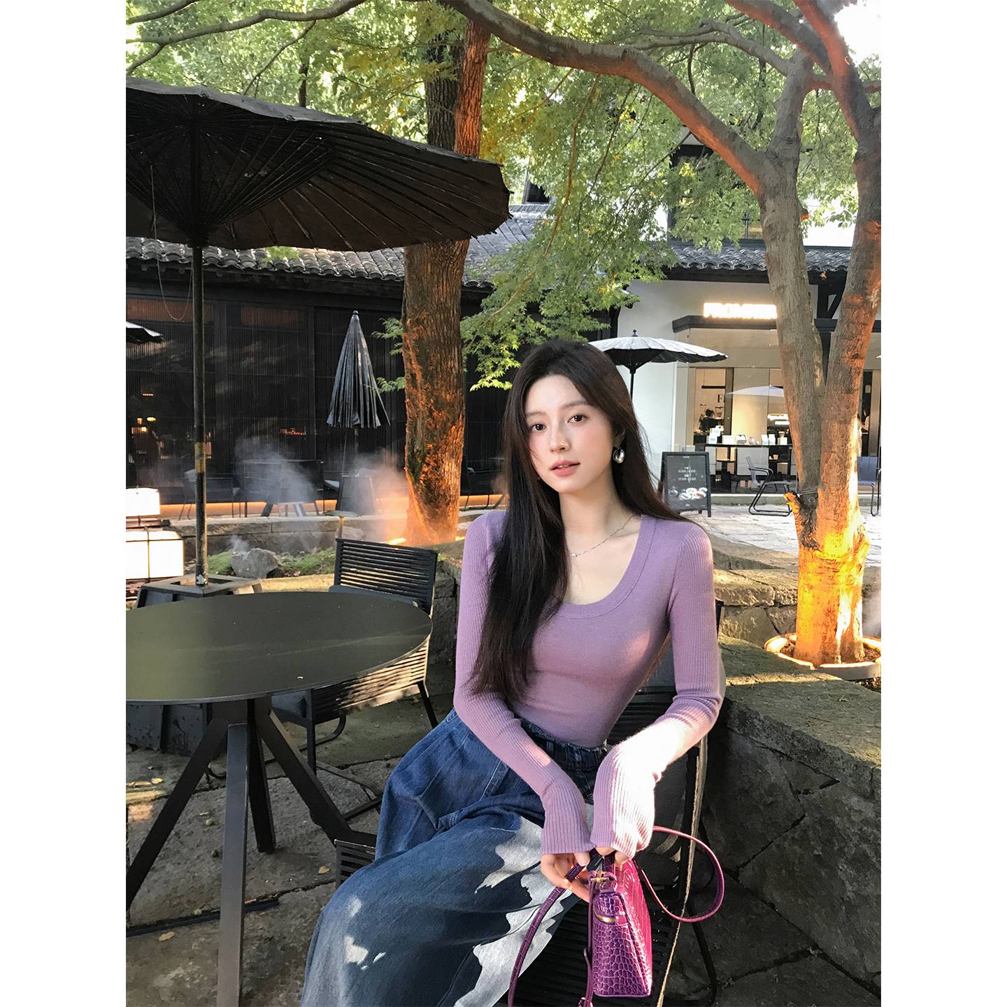 ADA MISS银丝闪闪深U领56支羊毛针织打底衫修身显瘦上衣女秋新款