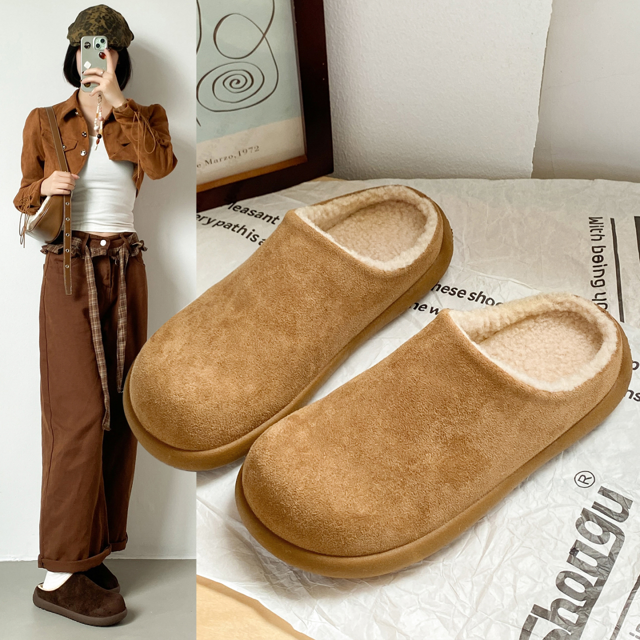 小土豆雪地靴女2025秋冬加绒毛毛鞋保暖一脚蹬包半拖棉鞋简约