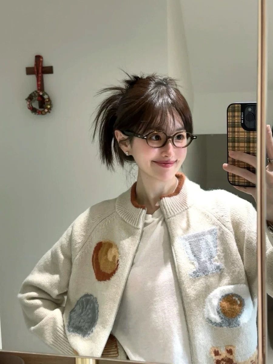 学院风针织开衫女秋冬季新款miu系外套韩系拉链提花慵懒风上衣