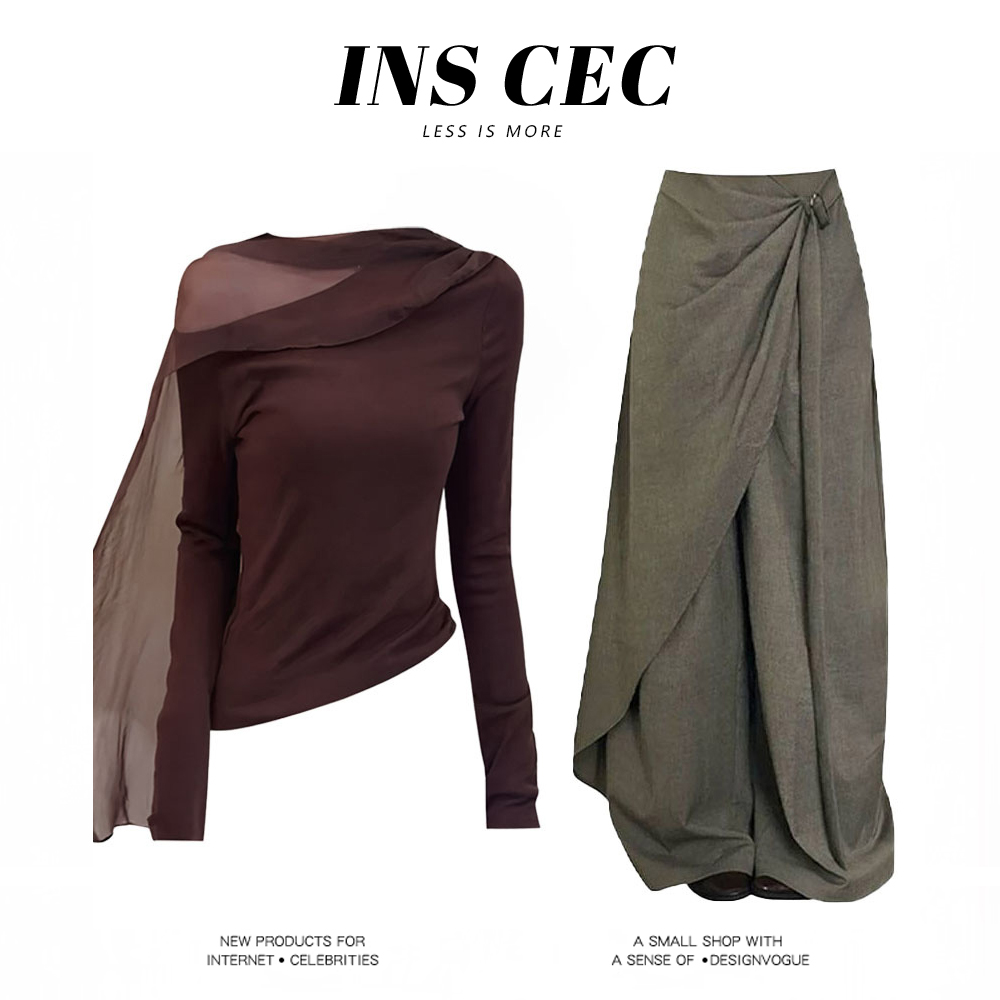 INS CEC美拉德斜肩露肩网纱飘带针织衫设计感宽松阔腿长裤套装女