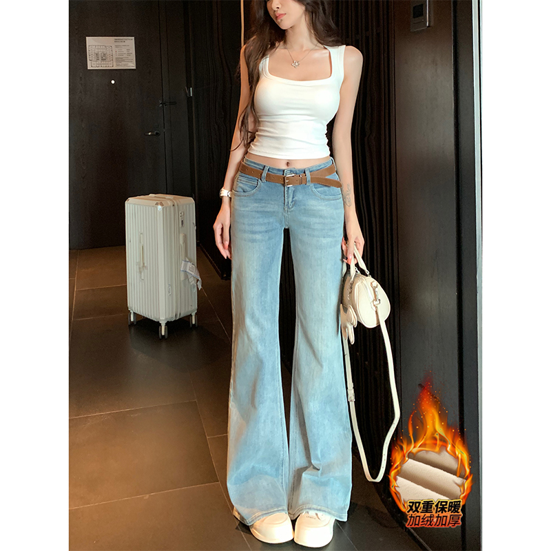简约蓝调低腰不贴腿加绒微喇牛仔裤女2025年冬季新款显腿长拖地裤