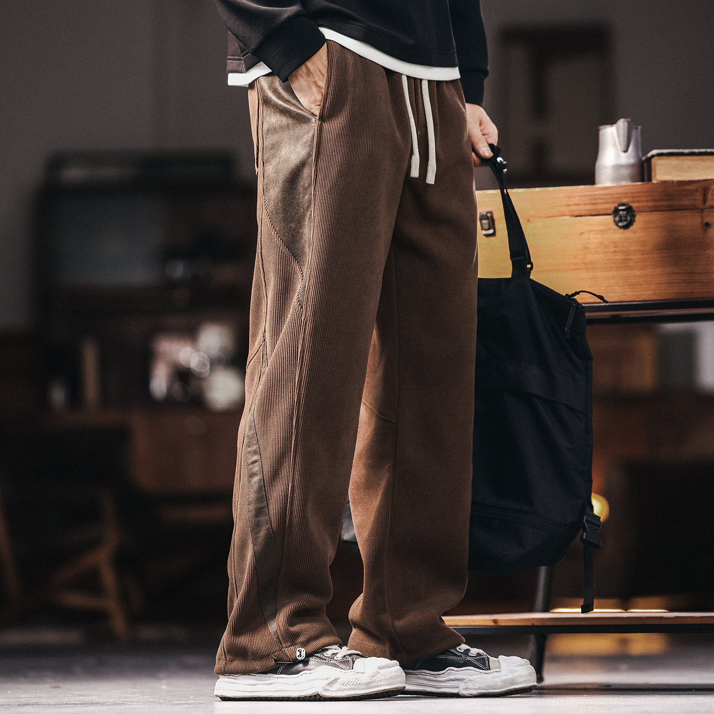 格蓝鹿美式高级感拼接雪尼尔休闲裤男士秋季新款宽松直筒阔腿卫裤