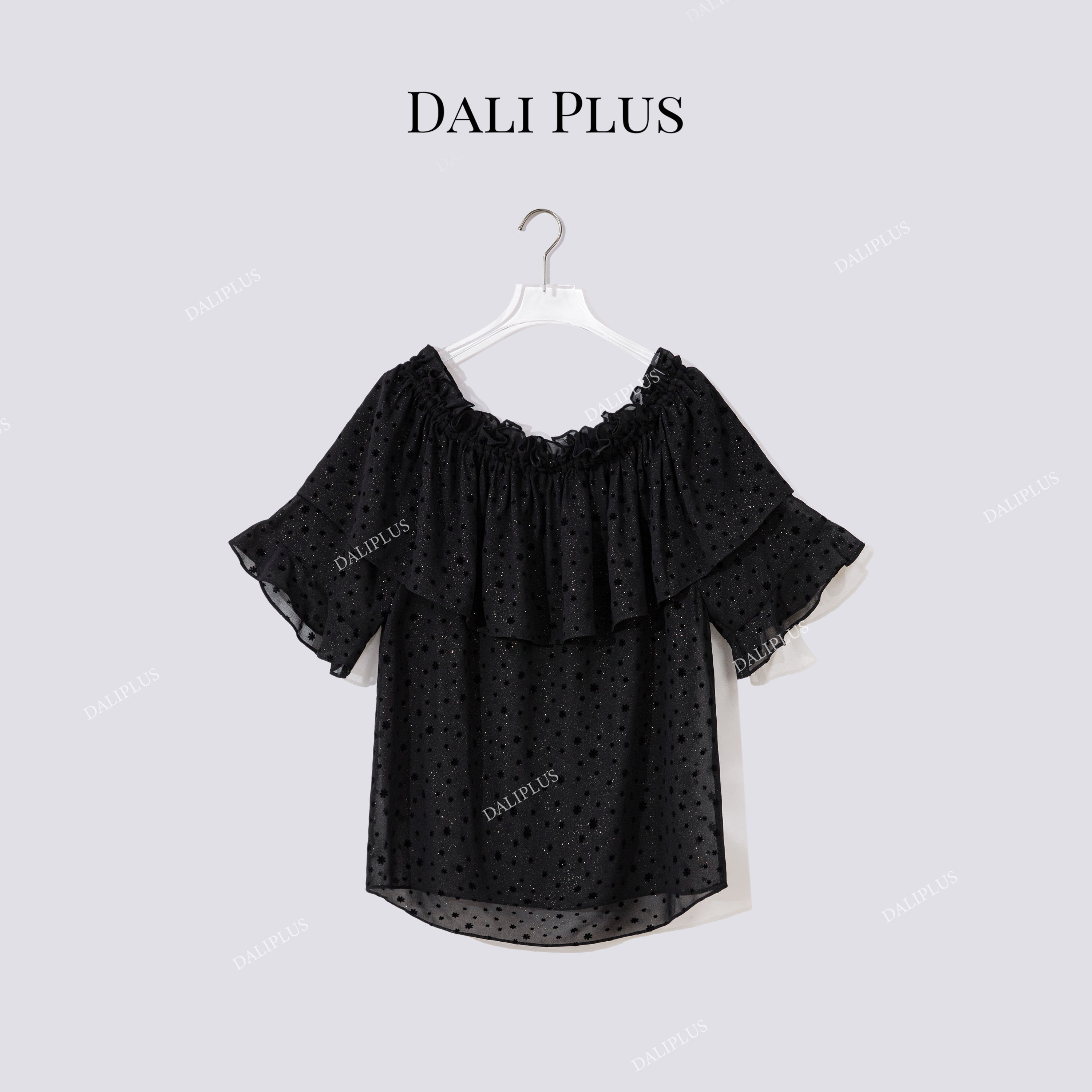 DALI PLUS“一字领植绒波点衬衫”夏季百搭短袖衬衣-D5XH0046