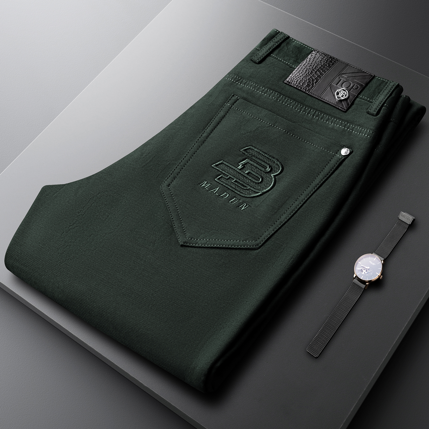 轻奢绿色暗纹提花休闲裤男秋冬厚款棉质柔软潮流修身小直筒裤子男