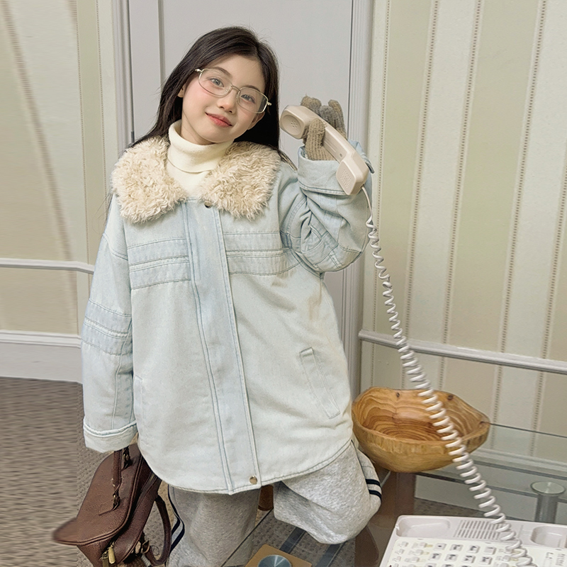 女童夹棉外套2025新款儿童加厚牛仔毛领秋冬装中大童冬季港风外衣