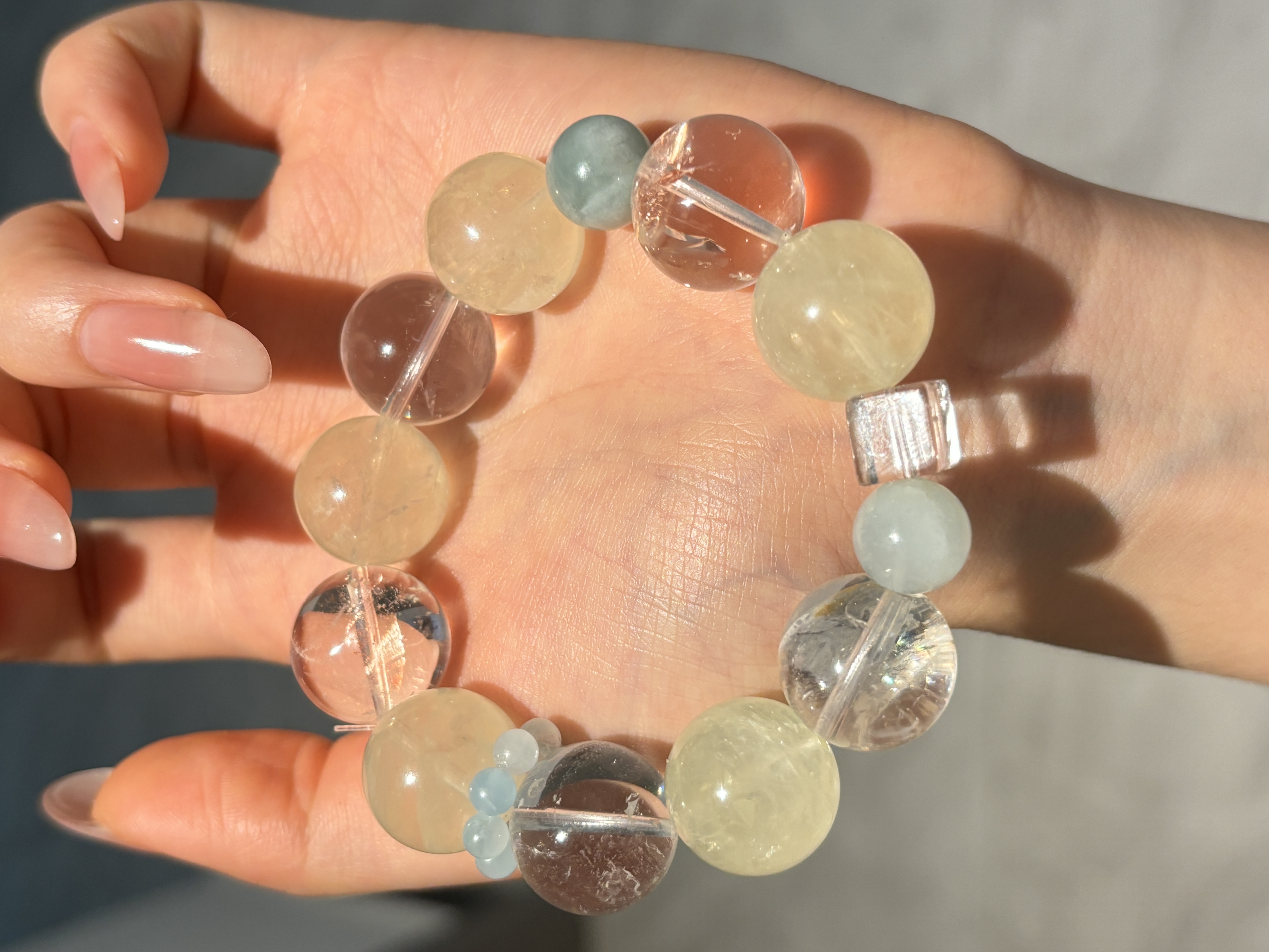 【青柠】17mm柠檬白水晶＋10mm海宝蓝水晶原创设计手串