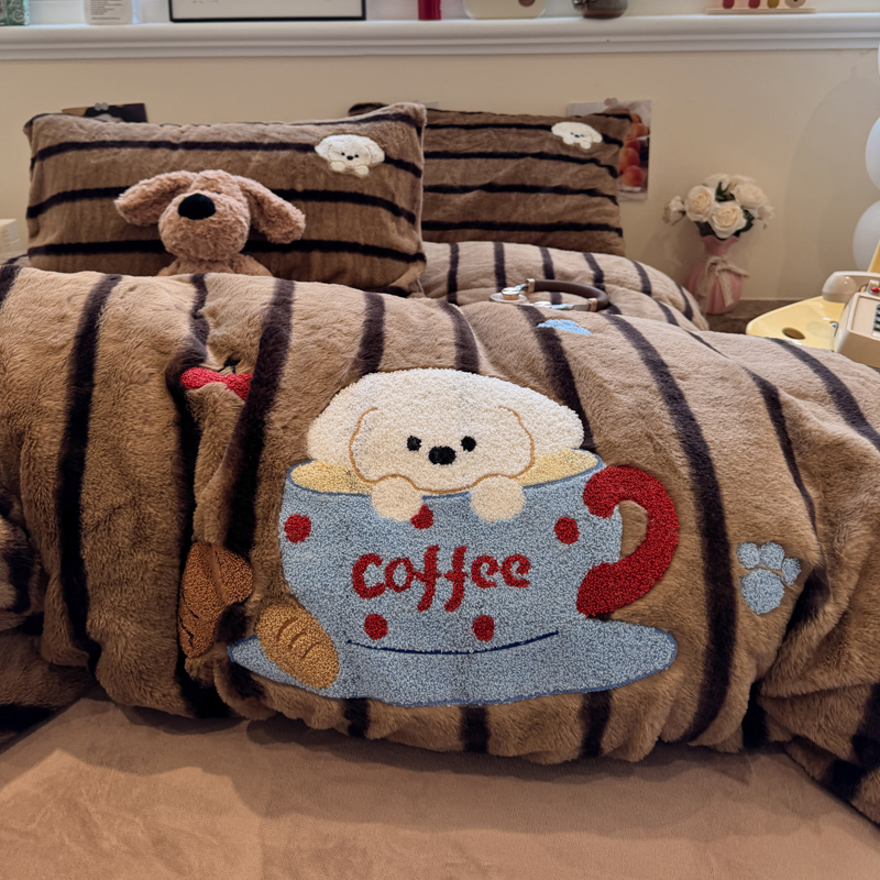 面包小狗毛巾绣四件套A面兔毛绒B面牛奶绒冬季被套加厚床单三件套