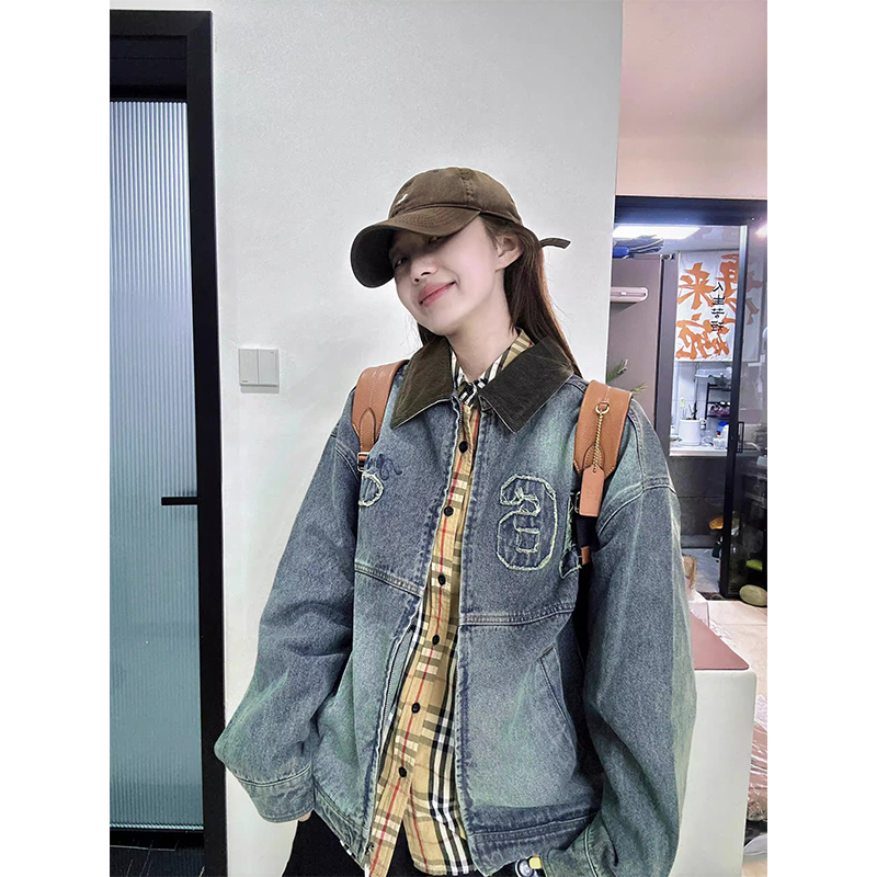 美式高街水洗做旧复古翻领牛仔外套女秋季新款潮流设计感宽松夹克