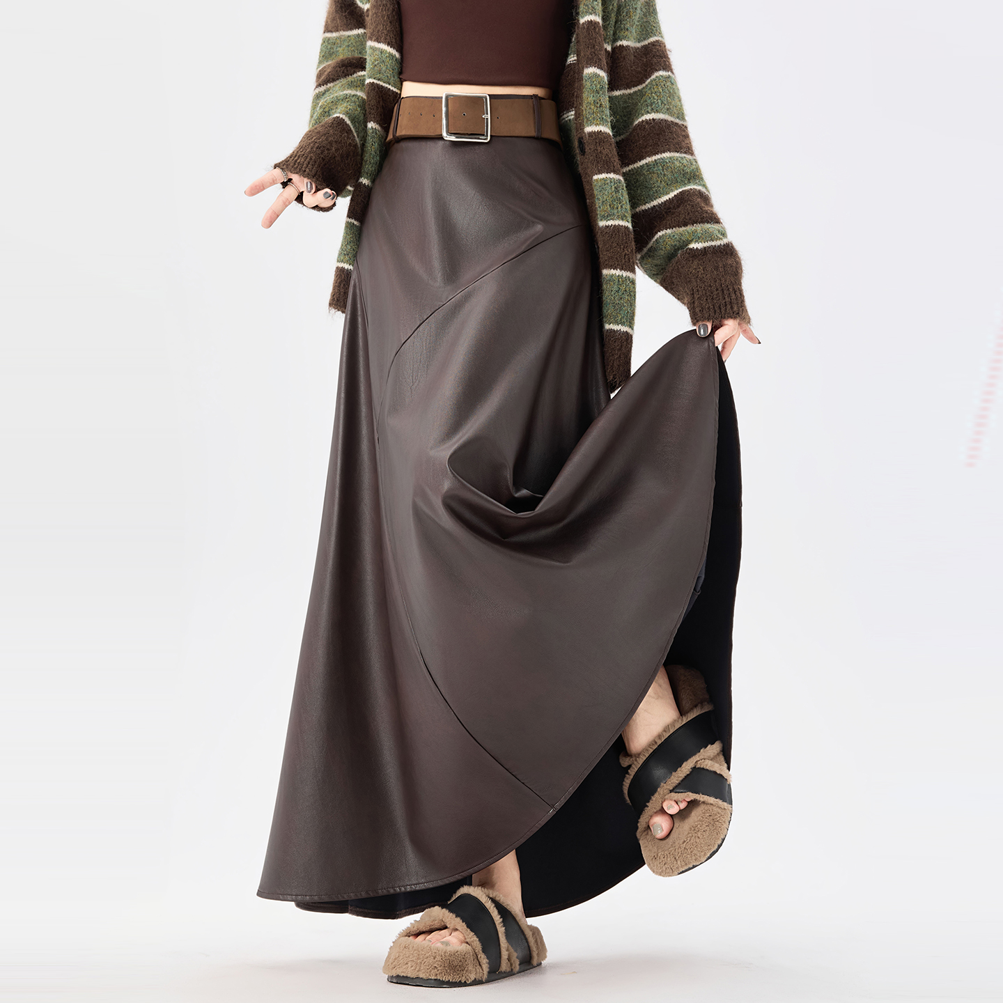 美式甜酷辣妹PU软皮半身裙女秋冬新款高腰垂感大摆a字中长款伞裙