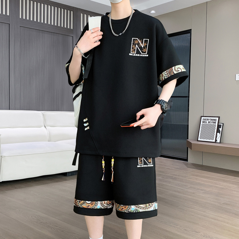 大码男装100-280斤冰丝短袖t恤男青少年夏装帅气短袖休闲运动套装