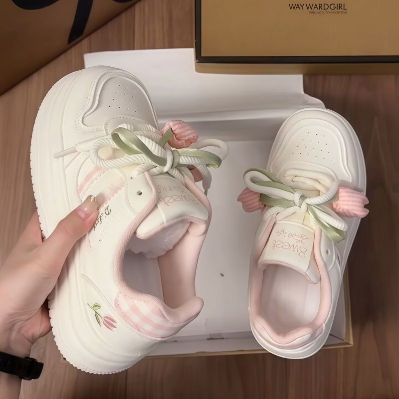 粉色郁金香厚底小白鞋女秋季新款chic小众设计韩版透气运动板鞋子