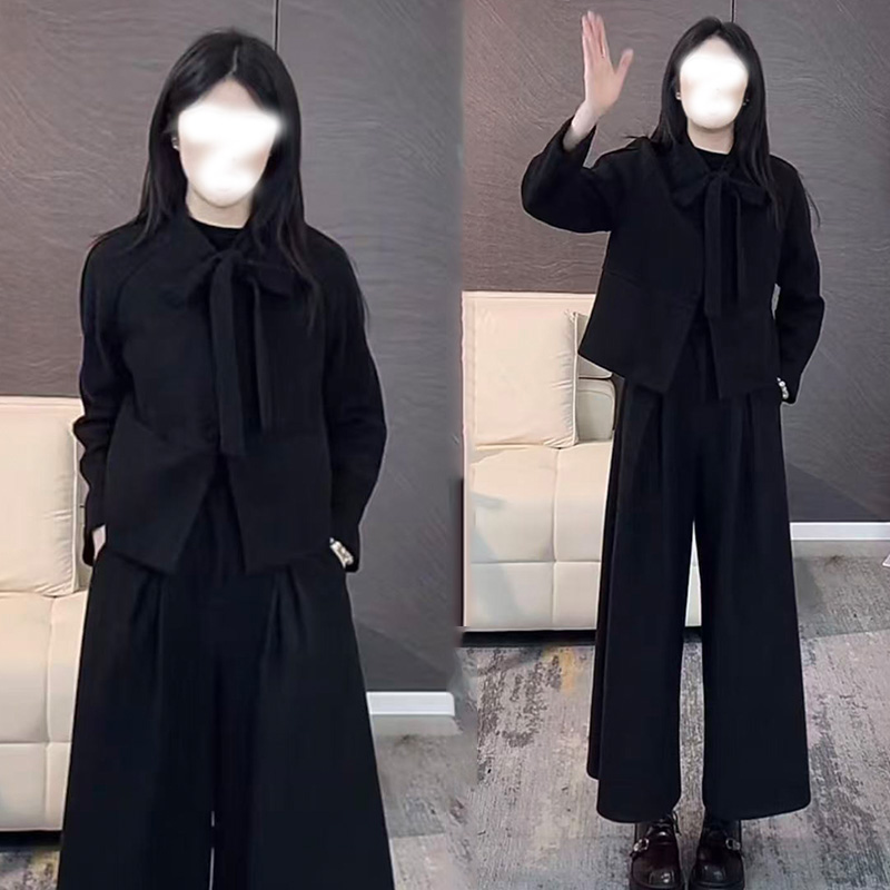 时尚套装女2025秋季新款蝴蝶结洋气显瘦短外套高腰阔腿裤两件套潮