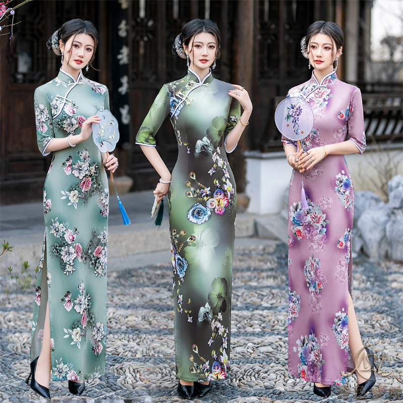 旗袍夏2025新款弹力修身日常可穿改良走秀旗袍气质年轻长款连衣裙